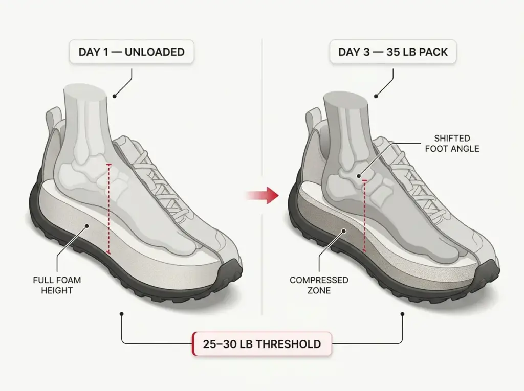Cross-section diagram comparing unloaded vs 35 lb loaded trail runner midsole compression and foot angle change