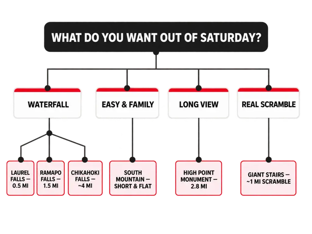 Decision tree matching what a hiker wants from their Saturday to the right North Jersey trail and its round-trip mileage