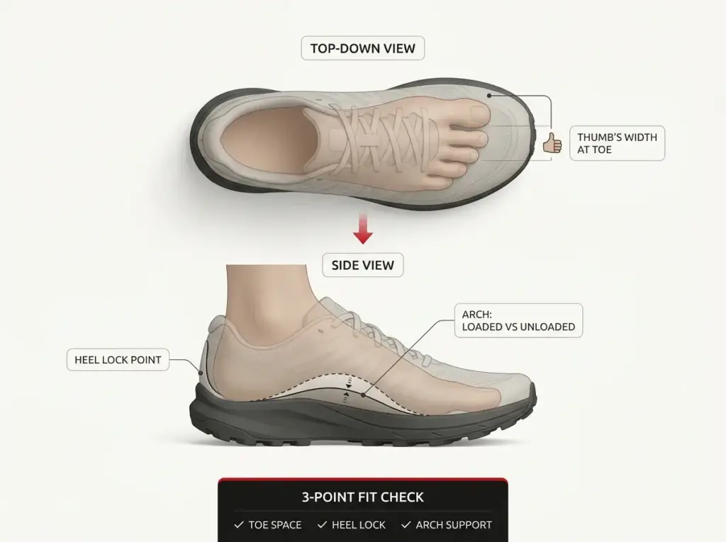 Top-down and side-view foot diagram showing toe space, heel lock, and arch position checks for trail shoe fit