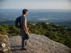 Sam’s Point Hiking Guide — Trails, Caves, Parking Hiker at the Sam's Point overlook in Minnewaska State Park Preserve above the dwarf pine ridge