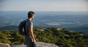 Sam’s Point Hiking Guide — Trails, Caves, Parking Hiker at the Sam's Point overlook in Minnewaska State Park Preserve above the dwarf pine ridge