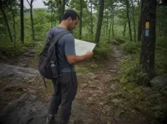 Best Sterling Forest Trail for Your Hiking Level Hiker checking a paper trail map at a junction in Sterling Forest State Park, New York