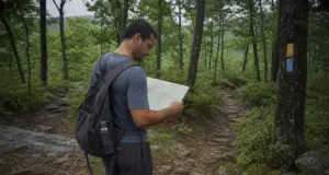 Best Sterling Forest Trail for Your Hiking Level Hiker checking a paper trail map at a junction in Sterling Forest State Park, New York