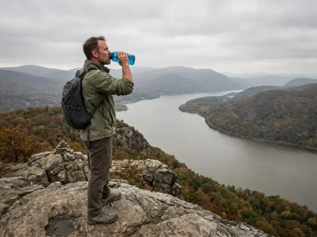 0-storm-king-mountain-ridge-hudson-view Hiker resting on the Storm King Mountain ridge above the Hudson River near Cornwall, NY