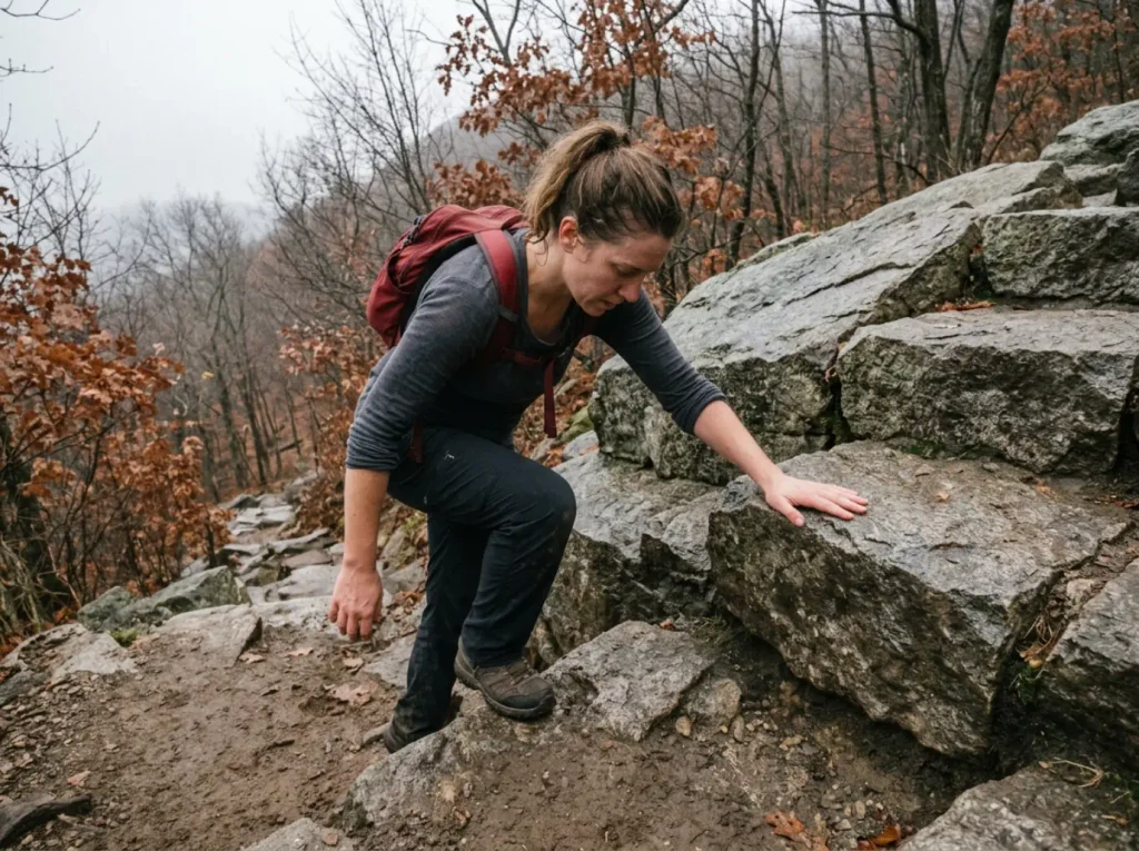 Hiker scrambling up the steep Butter Hill rock section on the Storm King Mountain loop