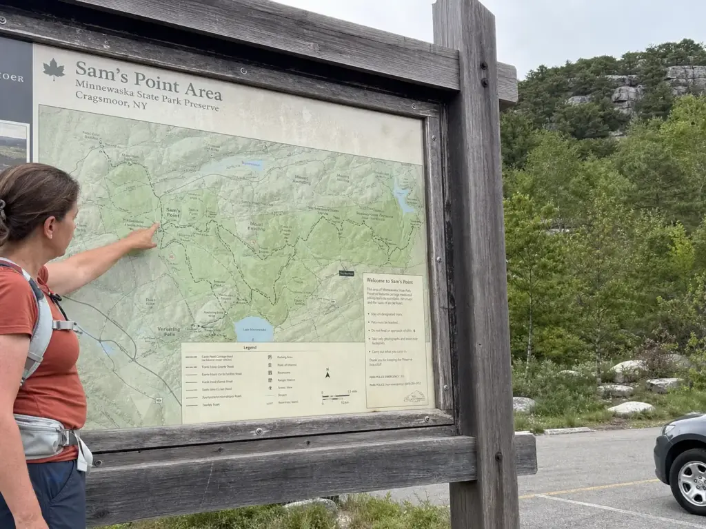 Trail map board at the Sam's Point Area entrance of Minnewaska State Park Preserve near Cragsmoor NY
