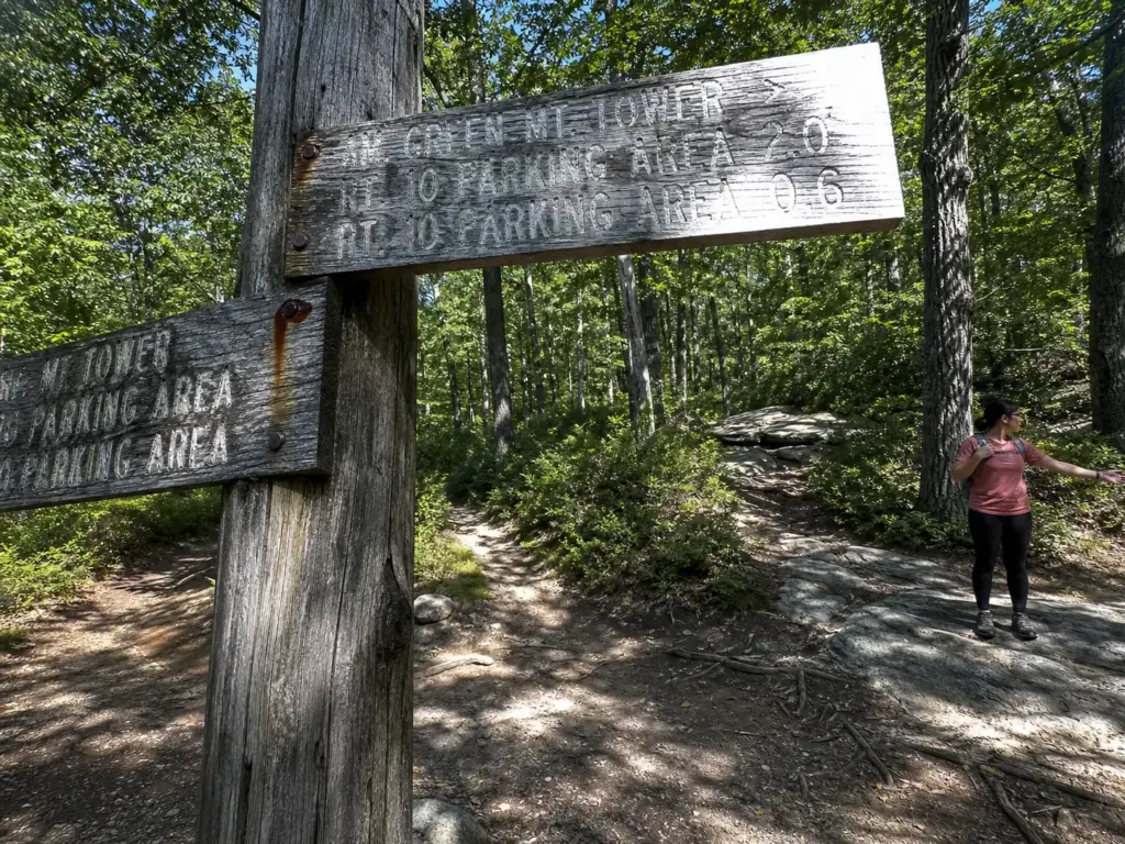 Trail signpost marking route options at a junction in Sterling Forest State Park NY