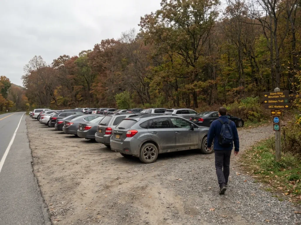 Full trailhead parking pulloff on Route 9W for the Storm King Mountain hike