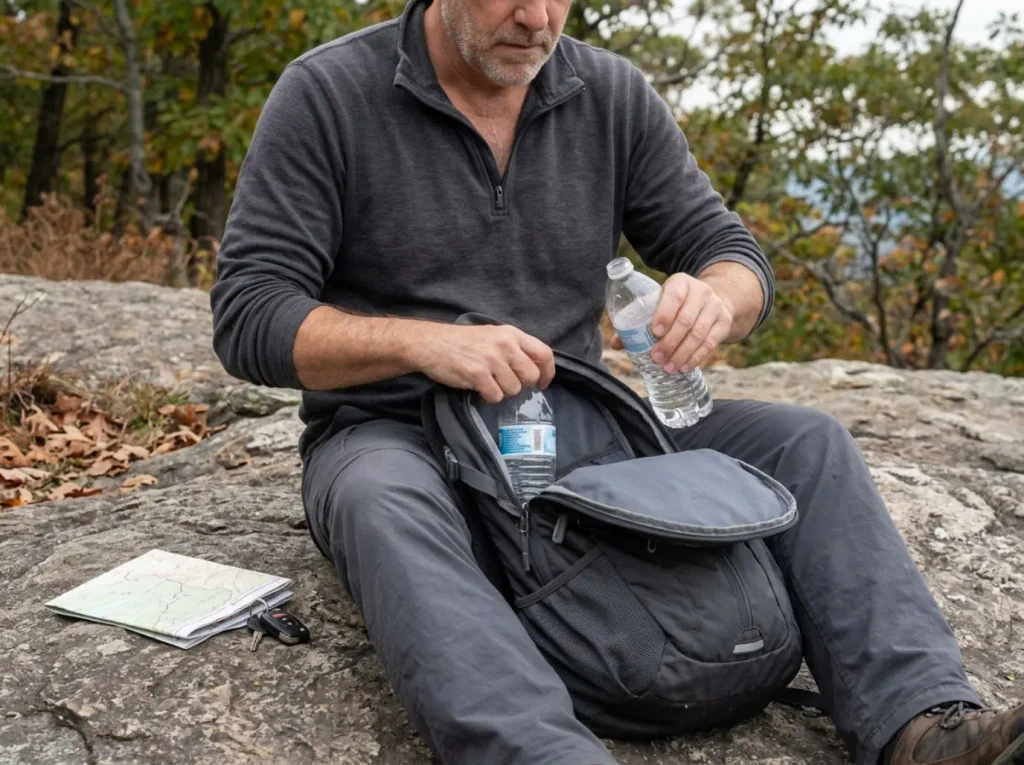 Hiker checking water bottles in a daypack on the Storm King Mountain trail