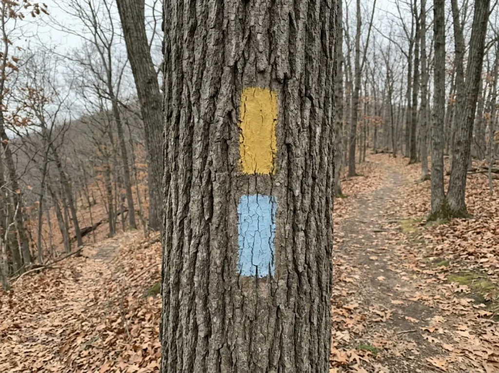 Painted trail blazes on a tree at a junction on the Storm King Mountain loop