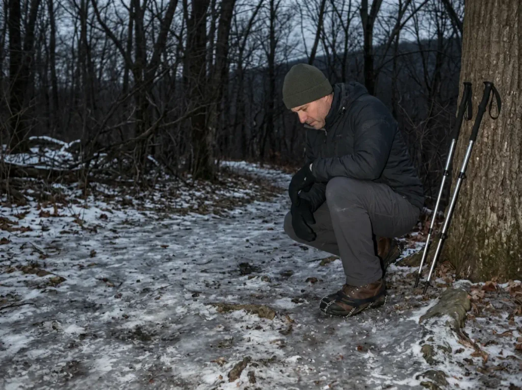 Winter hiker fitting microspikes over a boot before the icy Storm King Mountain scramble