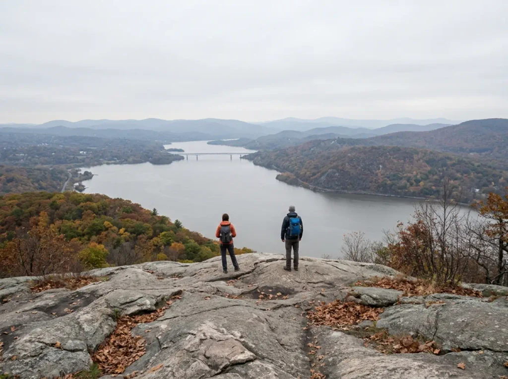 The wide viewpoint over Newburgh Bay and the Hudson River from Storm King Mountain