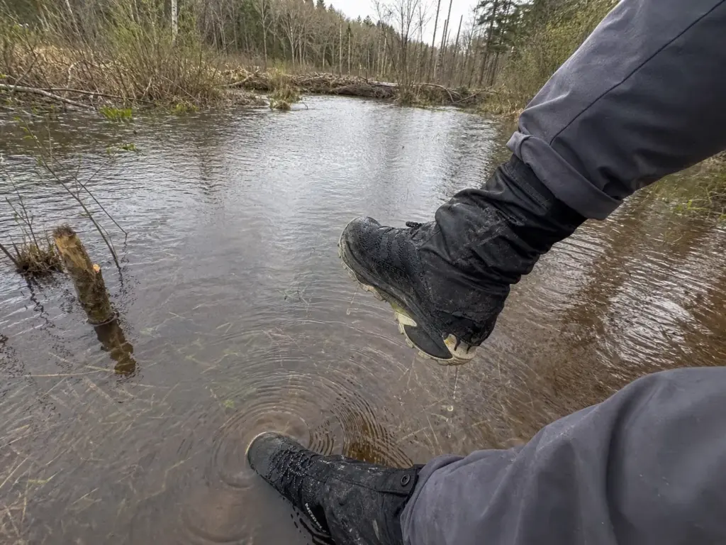 Trail shoes and low gaiters crossing standing water on a beaver-flooded Sterling Forest trail