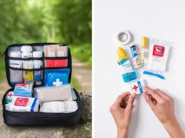 A hiker's first-aid kit open on one side and individual medical supplies laid out on the other, representing the "build vs. buy" decision for a hiking first-aid kit.