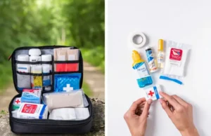 Building the Perfect Hiker’s First Aid Kit: A Complete Checklist A hiker's first-aid kit open on one side and individual medical supplies laid out on the other, representing the "build vs. buy" decision for a hiking first-aid kit.