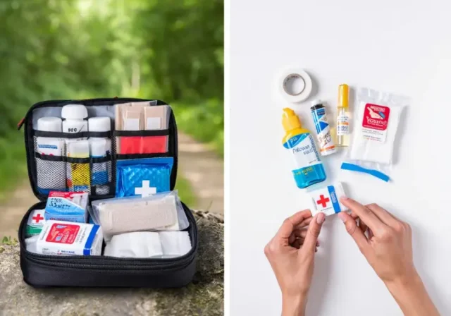 A hiker's first-aid kit open on one side and individual medical supplies laid out on the other, representing the "build vs. buy" decision for a hiking first-aid kit.