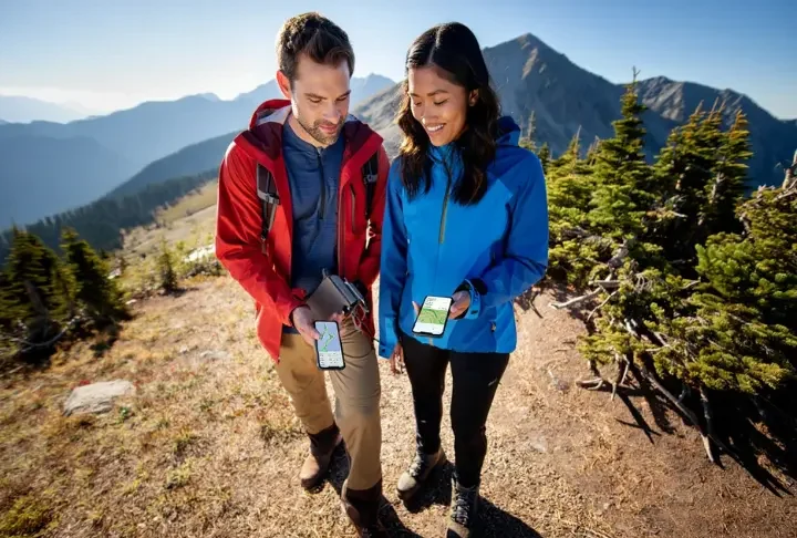 Two hikers on a mountain trail comparing different hiking GPS apps on their smartphones, representing the best hiking apps of 2025.