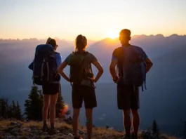 Three diverse backpackers, two women and one man, stand on a mountain ridge at sunrise, overlooking a vast wilderness with their packs, symbolizing the transition from day hiking to backpacking.