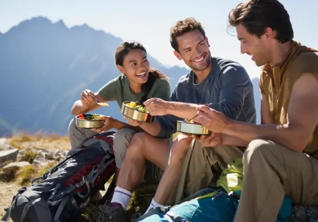 Three diverse hikers enjoying a delicious, easy-to-prepare meal on a mountain ridge, showcasing effective backpacking food and meal planning.