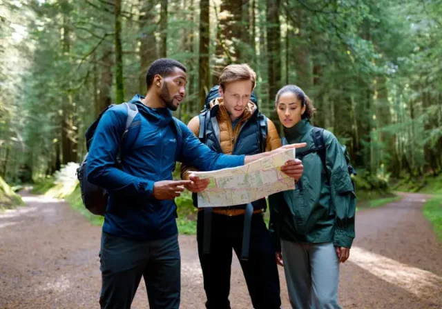 Three hikers, appearing lost, consult a map on a forested trail, embodying a hiking emergency.