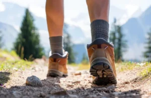 Stop Blisters in Their Tracks: A Hiker’s Guide Hiker's feet in boots and socks on a trail, representing a guide to blister prevention and care.