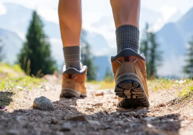 Hiker's feet in boots and socks on a trail, representing a guide to blister prevention and care.