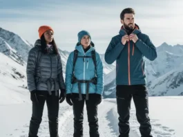 Three hikers in winter gear on a snowy mountain trail, demonstrating effective layering for warmth and safety.