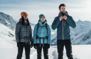 Mastering Winter Layers: A Hiker’s How-To Guide Three hikers in winter gear on a snowy mountain trail, demonstrating effective layering for warmth and safety.