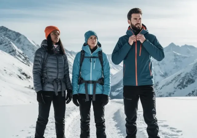 Three hikers in winter gear on a snowy mountain trail, demonstrating effective layering for warmth and safety.
