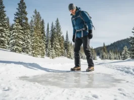 A hiker pauses on an icy winter trail, contemplating the choice between microspikes or crampons for safe hiking.