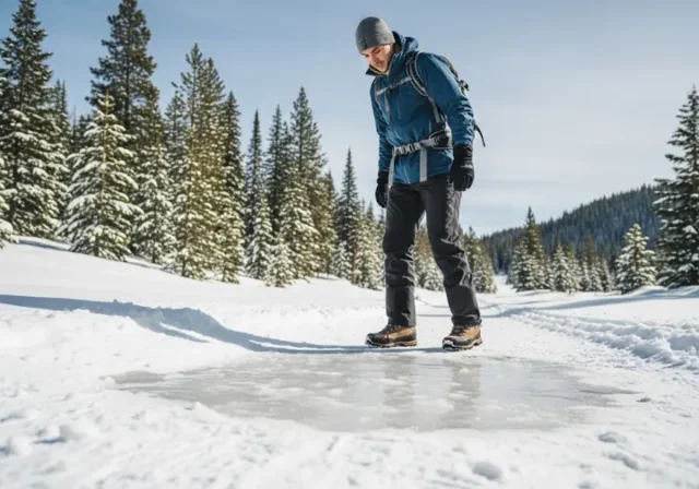 A hiker pauses on an icy winter trail, contemplating the choice between microspikes or crampons for safe hiking.