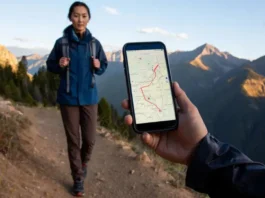 A hiker viewing a digital map with a planned route on a smartphone in a mountain landscape, representing the process of planning a hiking route using digital mapping tools.