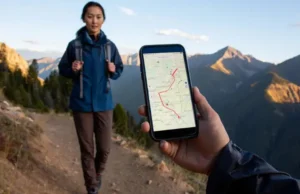 The Route Planner’s Blueprint: From Idea to GPX File A hiker viewing a digital map with a planned route on a smartphone in a mountain landscape, representing the process of planning a hiking route using digital mapping tools.