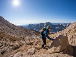 A hiker transitions from a trail to a rocky incline, illustrating the concept of alpine scrambling and bridging the gap between hiking and climbing.