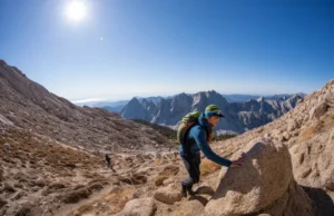 Scrambling Explained: A Guide to Class 2, 3 & 4 Terrain A hiker transitions from a trail to a rocky incline, illustrating the concept of alpine scrambling and bridging the gap between hiking and climbing.