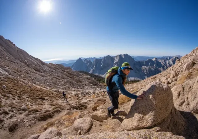 A hiker transitions from a trail to a rocky incline, illustrating the concept of alpine scrambling and bridging the gap between hiking and climbing.