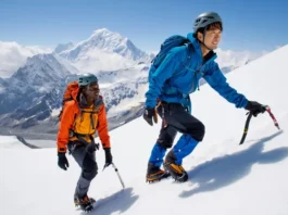 Two hikers with ice axes ascending a snowy mountain, illustrating self-arrest and mountain safety for an introductory guide to stopping falls.