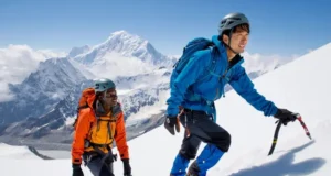 Self-Arrest Explained: A Guide for Every Fall Two hikers with ice axes ascending a snowy mountain, illustrating self-arrest and mountain safety for an introductory guide to stopping falls.