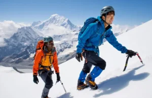 Self-Arrest Explained: A Guide for Every Fall Two hikers with ice axes ascending a snowy mountain, illustrating self-arrest and mountain safety for an introductory guide to stopping falls.