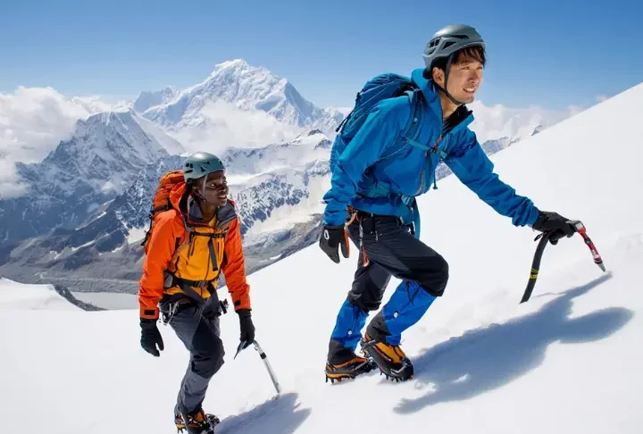 Two hikers with ice axes ascending a snowy mountain, illustrating self-arrest and mountain safety for an introductory guide to stopping falls.