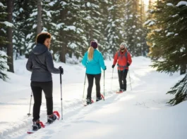 Three hikers with snowshoes and trekking poles on a snowy forest trail, demonstrating snowshoeing technique and appropriate gear.