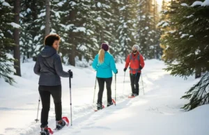 Snowshoeing 101: A Guide to Gear & Basic Technique Three hikers with snowshoes and trekking poles on a snowy forest trail, demonstrating snowshoeing technique and appropriate gear.