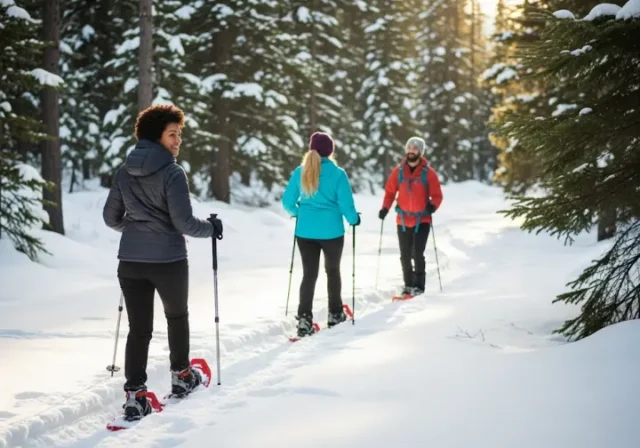 Three hikers with snowshoes and trekking poles on a snowy forest trail, demonstrating snowshoeing technique and appropriate gear.