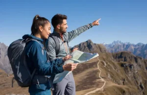 The UL Blueprint: A Guide to Skills, Not Just Gear Two diverse hikers, one male and one female, at a mountain overlook, demonstrating ultralight backpacking skills with lightweight gear in a clear, sunny landscape.