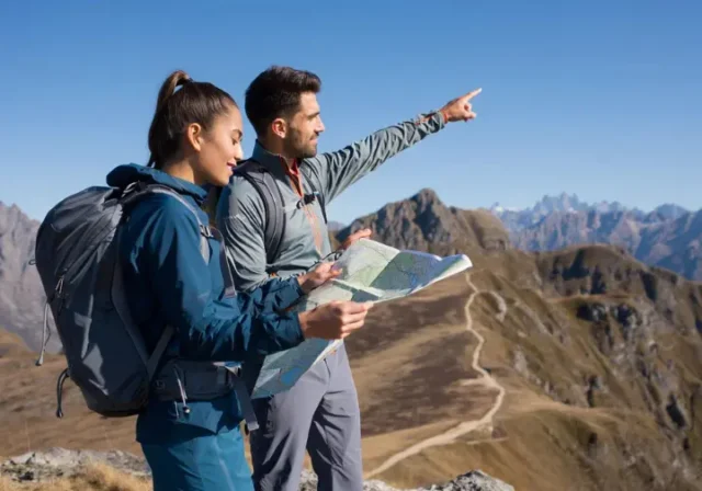 Two diverse hikers, one male and one female, at a mountain overlook, demonstrating ultralight backpacking skills with lightweight gear in a clear, sunny landscape.