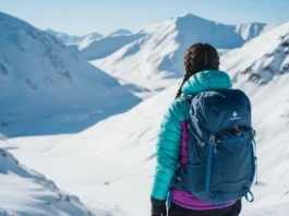A solitary hiker observes a breathtaking snow-covered mountain landscape, symbolizing the beauty and challenges of winter hiking and preparation.