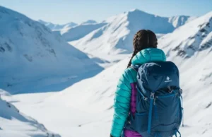 Winter Hiking: A Guide to Gear, Skills & Safety A solitary hiker observes a breathtaking snow-covered mountain landscape, symbolizing the beauty and challenges of winter hiking and preparation.