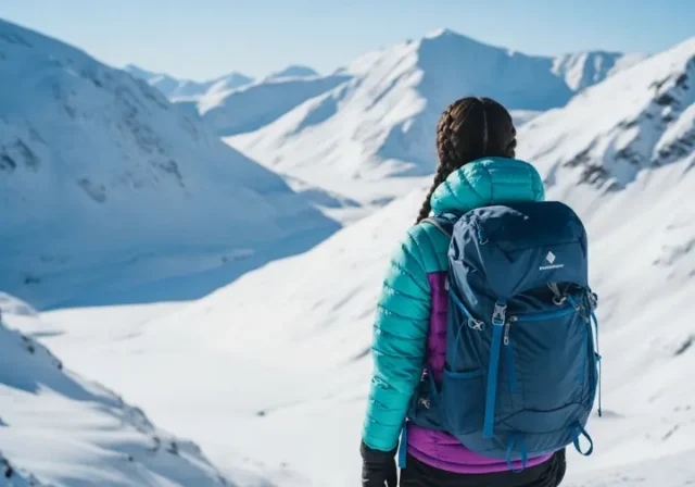 A solitary hiker observes a breathtaking snow-covered mountain landscape, symbolizing the beauty and challenges of winter hiking and preparation.