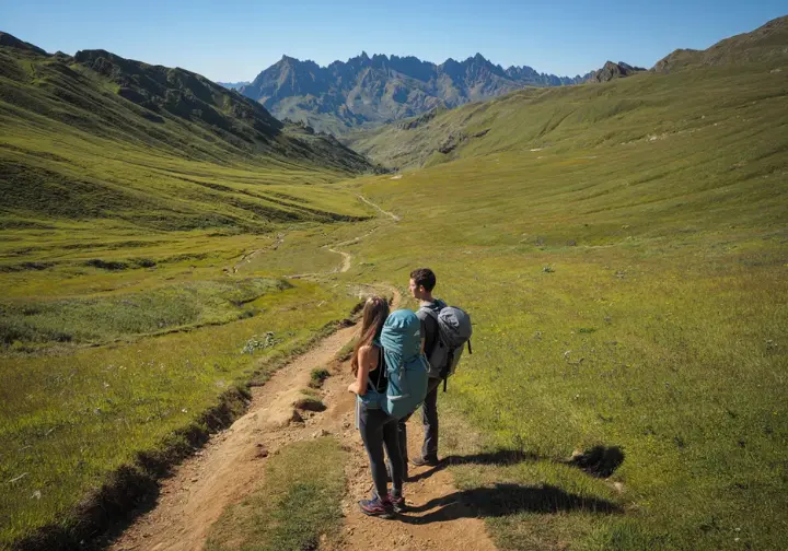Hikers on a trail in a vast valley, symbolizing the enduring wisdom of finding your own way through active navigation.