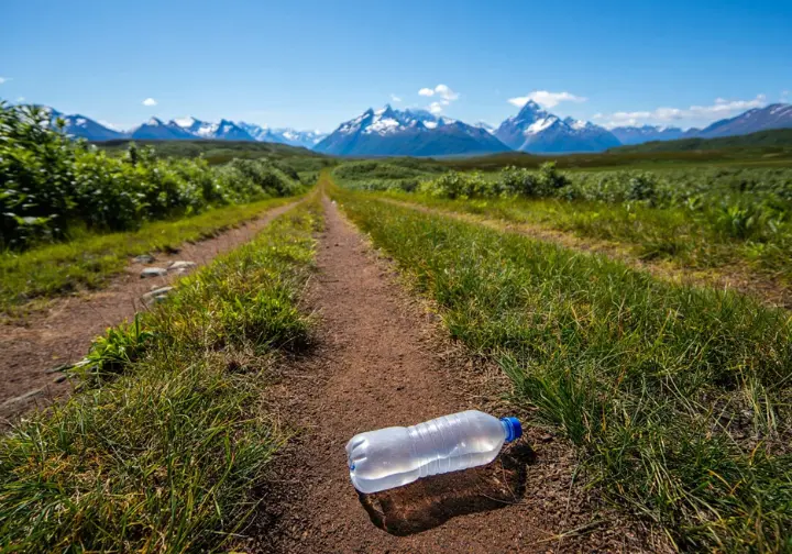 A single discarded plastic bottle on a pristine mountain trail, illustrating the "why" behind Leave No Trace principles and cumulative impact.